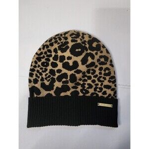MICHAEL Michael Kors Beanie Hat Womens One Size Black Leopard Crown Cuffed